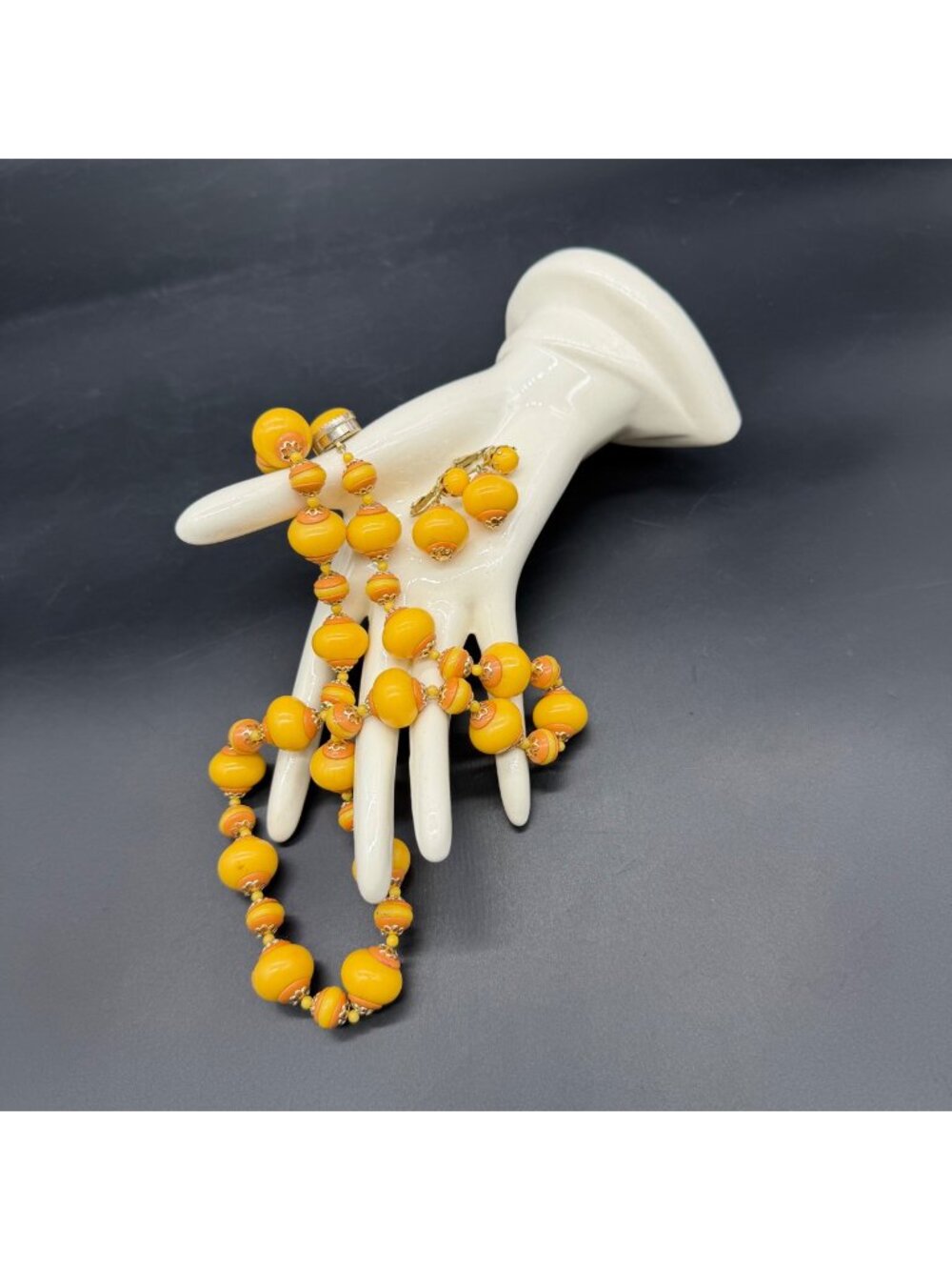 Vintage Yellow Beaded Necklace Clip On Earrings Jewelry Set Hong Kong Retro